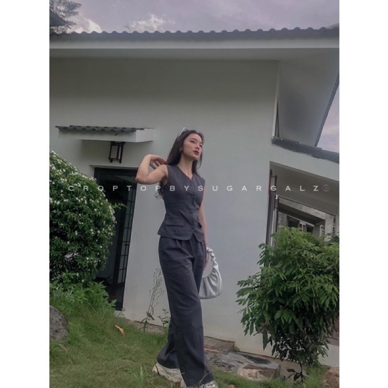 Set Jennie áo croptop sát nách kiểu vest kèm quần ống rộng lưng cạp cao - Sugargalz thiết kế