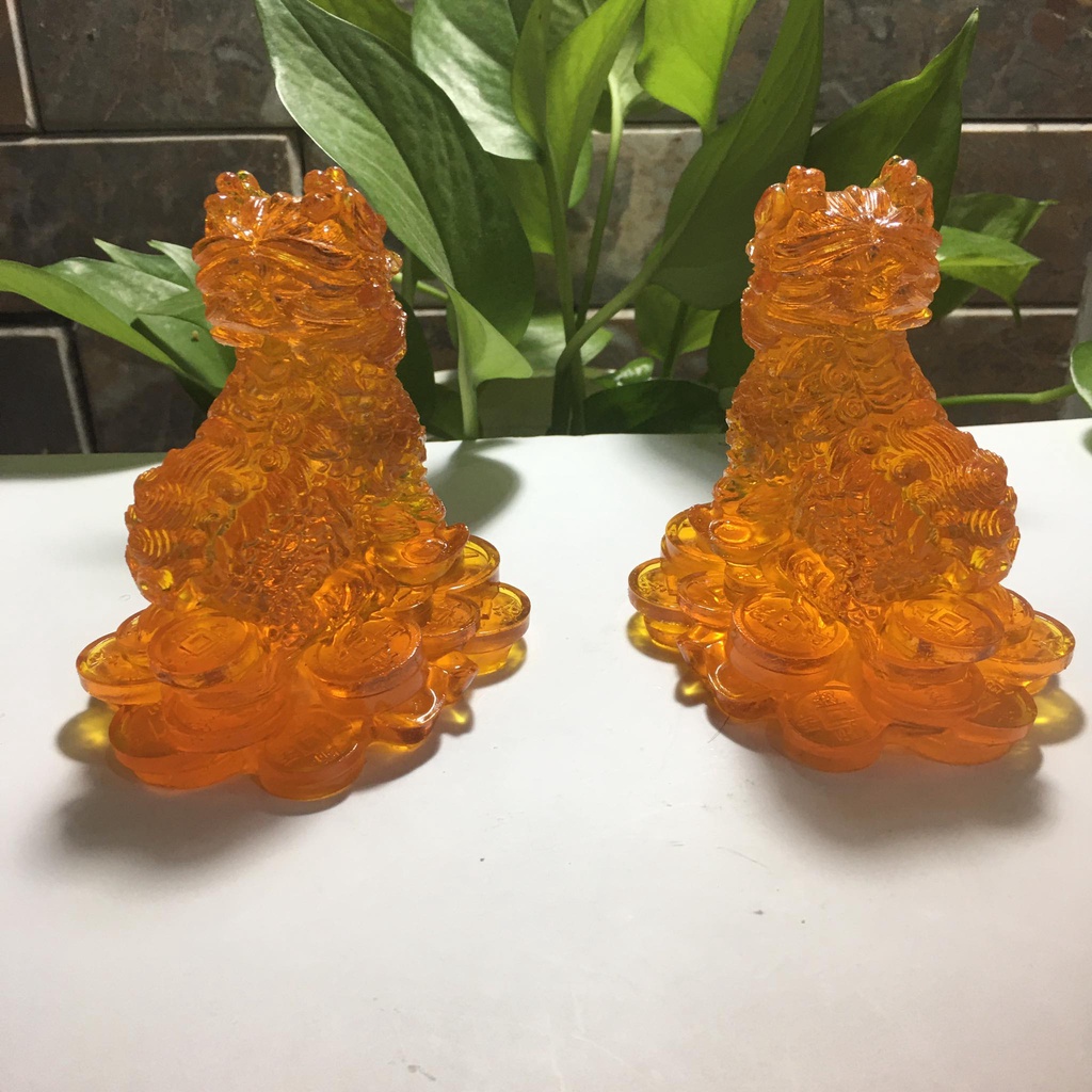 Tượng kỳ lân phong thủy  1 cặp 2 ông màu Hổ phách  cao 11 cm mang tài lộc