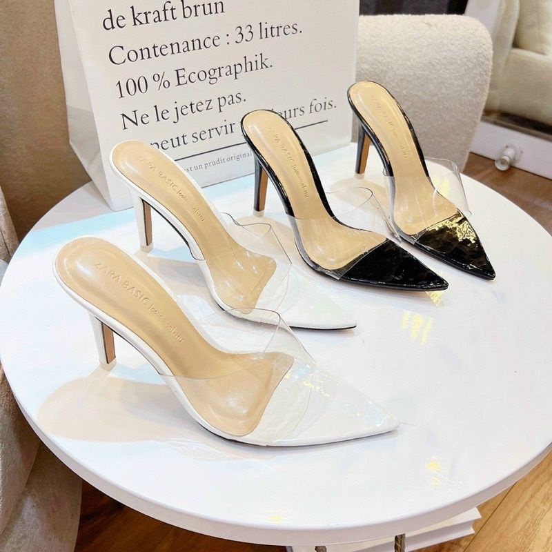 Guốc Cao Gót Đế Nhọn  Cao 9 Phân Quai Trong Mica Siêu Đẹp