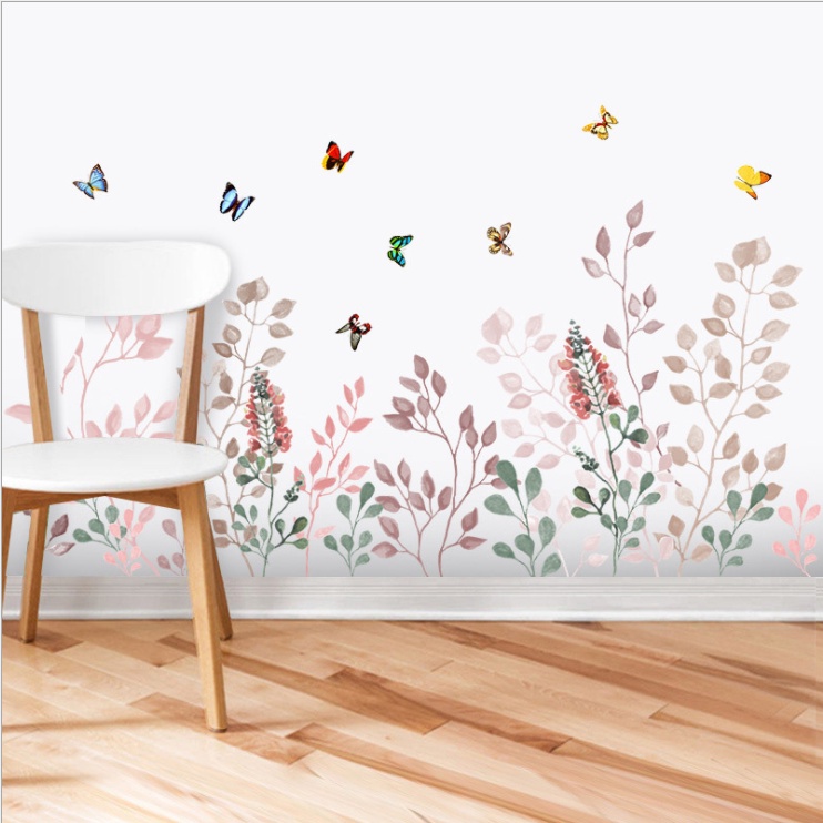 Decal dán tường trang trí chân tường -  BƯỚM NGŨ SẴC CÙNG HOA CỎ MÙA XUÂN THANH LỊCH