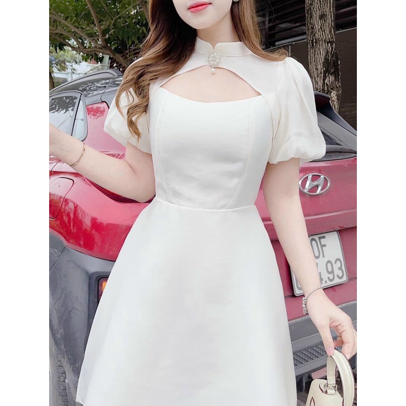 Đầm váy nữ cổ tàu tay phồng đính nút ngọc nhẹ nhàng, xinh xắn dành cho các nàng đi dự tiệc
