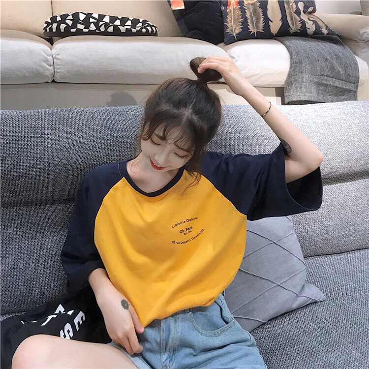 Áo thun nữ tay lỡ freesize phông form rộng dáng Unisex, mặc lớp, nhóm, cặp PHỐI TAY THÂN VÀNG in chữ PARIS 1996