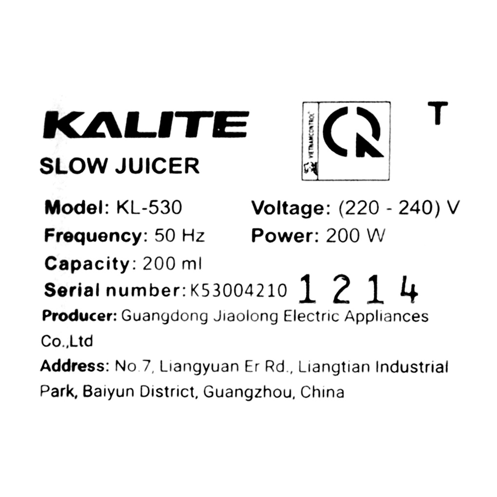 [Mã ELHA22 giảm 5% đơn 300K] Máy ép chậm Kalite KL-530 200 W - Chính hãng BH 12 tháng - Ống nguyên liệu 45 mm