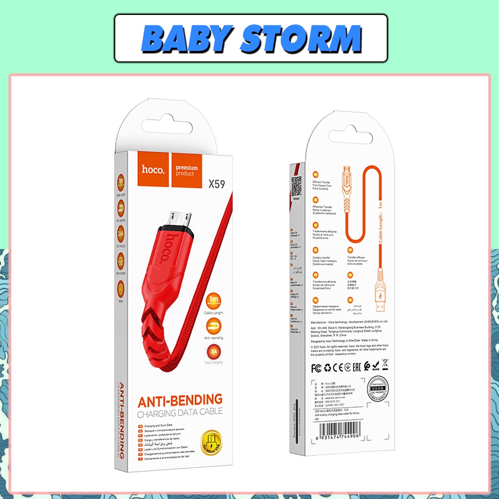 Cáp Sạc Nhanh 3A Hoco X59 Chân Micro USB Dây Dù Siêu Bền Dài 1M, Hỗ Trợ Truyền Dữ Liệu Cho Android-Hàng Chính Hãng