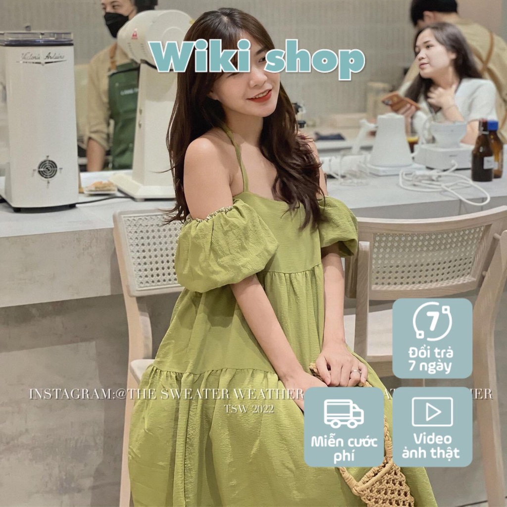Váy đầm nữ 2 dây yếm trễ vai cổ vuông dáng babydoll chất đũi Wikishop dáng suông phom rộng màu đen xanh cốm trắng C972