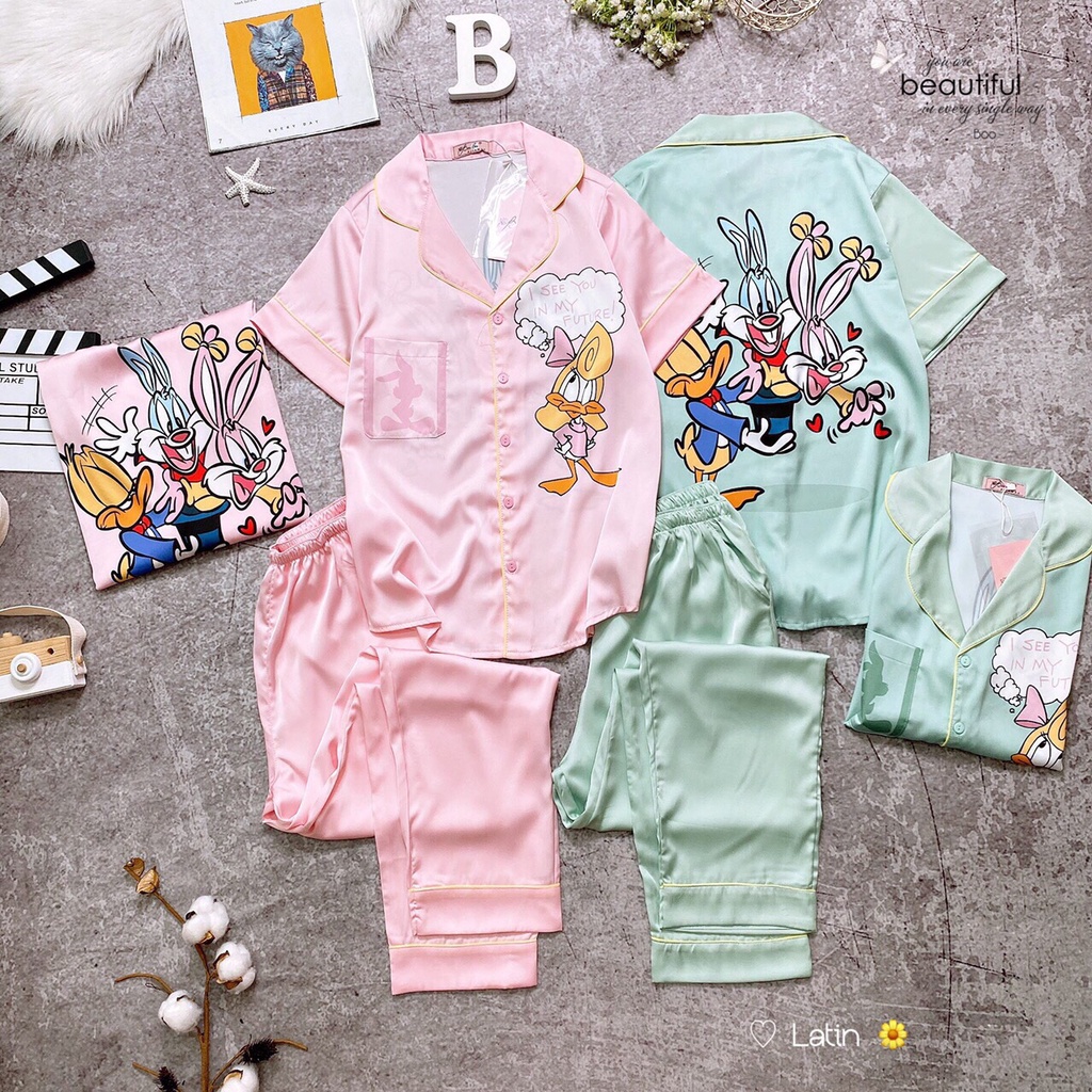 Đồ bộ nữ mặc nhà lụa latin cao cấp cổ pijama - Lovely Ducks