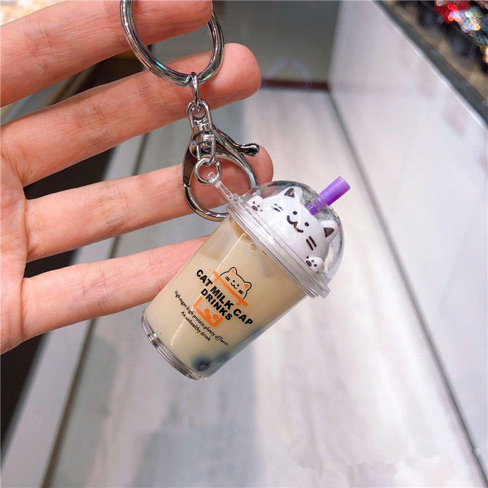 Móc Khóa Acrylic Hình Mèo Và Ly Trà Sữa Dạng Cát Lún Nổi Dễ Thương Thời Trang Cho Nữ