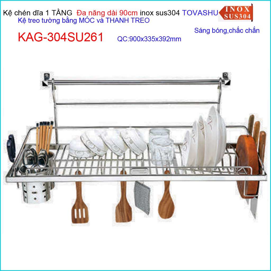 Kệ chén bát Tovashu KAG-304SU261-90cm, kệ chén dĩa có ống đũa máng dao thớt inox hộp SUS304 Nhật Bản cao cấp