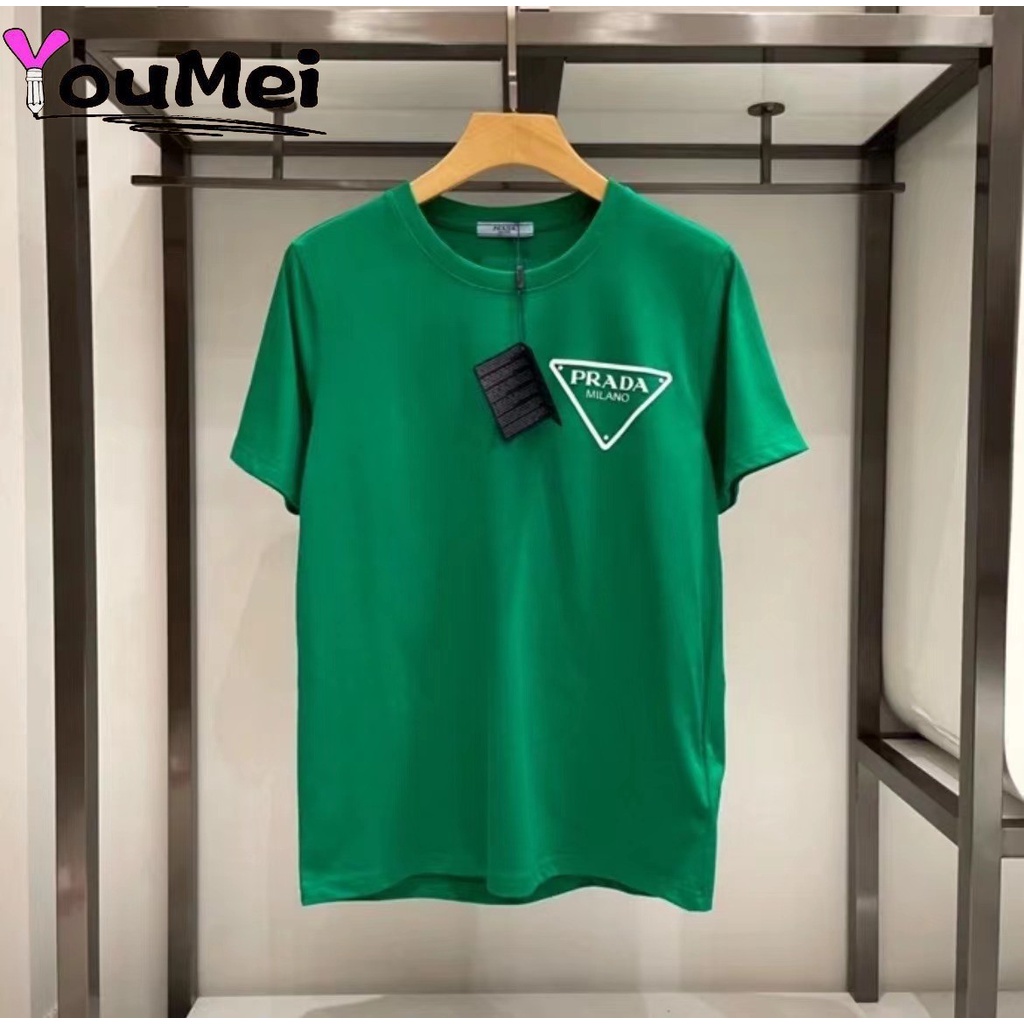Áo Thun Ngắn Tay In Logo Prada Tam Giác Thời Trang Cho Cặp Đôi