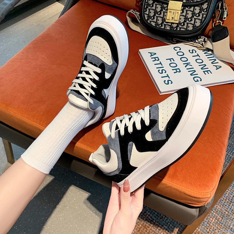 Giày thể thao nữ, sneaker loại đẹp phối da lộn độn đế tăng chiều cao phong cách năng động