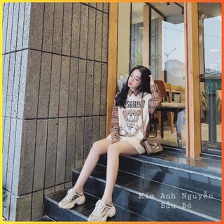 Áo nỉ gấu phối kẻ sơ mi siêu đẹp hot trend