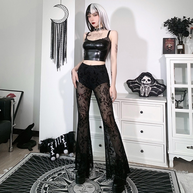 Quần dài ống loe vải ren xuyên thấu phong cách gothic bohemian thời trang cổ điển cho nữ