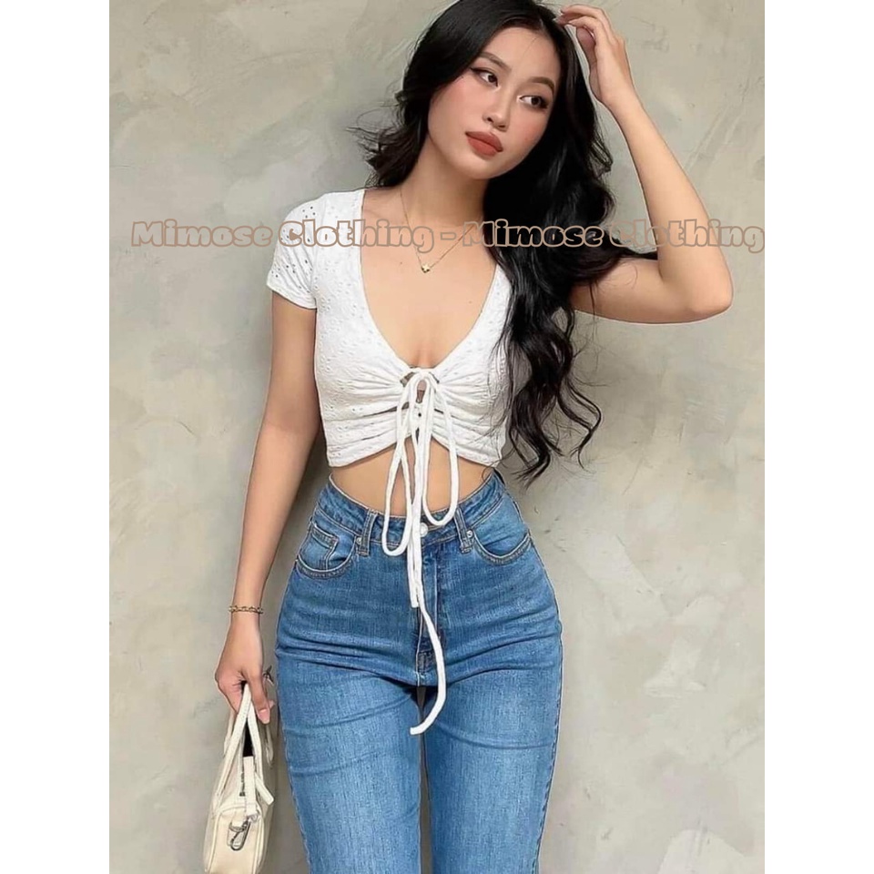 Áo croptop Mimoseclothing dây rút điệu đà sexy cho nàng mùa hè, áo croptop màu trắng tay ngắn thời trang nữ ôm body