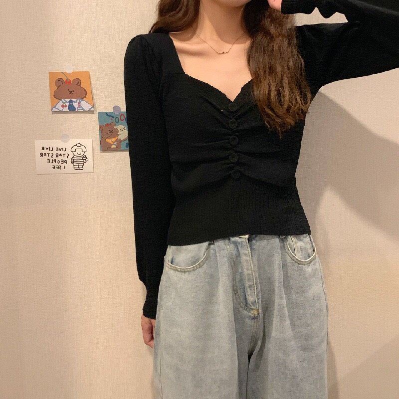 Áo Len Dài Tay Nhún Bèo Cúc Giữa Sang Chảnh Xịn Đẹp Dễ Mix Đồ | BigBuy360 - bigbuy360.vn