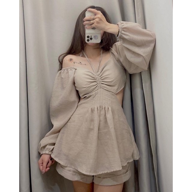 Set áo cutout nhún ngực đan dây lưng + quần short ( có bigsize ) H41