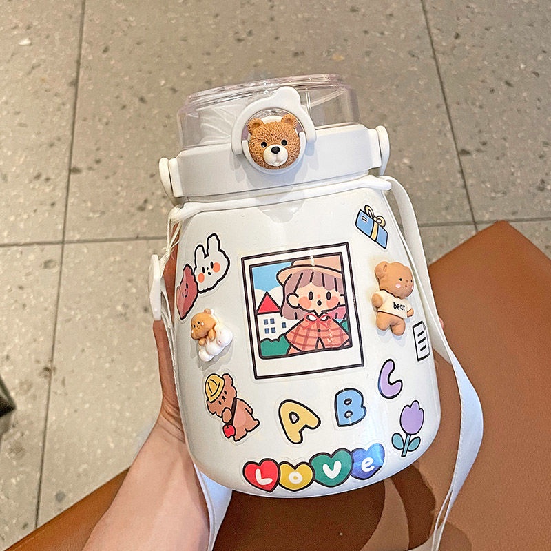 Bình Nước Giữ Nhiệt Cao 1000ML Kèm Ống Hút Dễ Thương Xinh Xắn Dành Cho Nữ