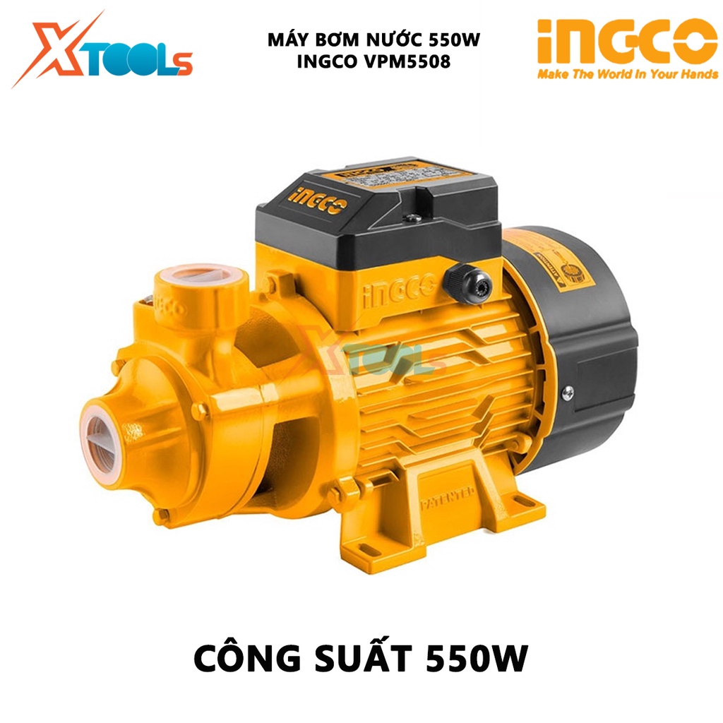 Máy bơm nước INGCO VPM5508 | máy bơm đẩy cao 550W (0,75HP), chiều cao bơm 45m, độ hút sâu 8m, mô tơ dây đồng tăng áp lực