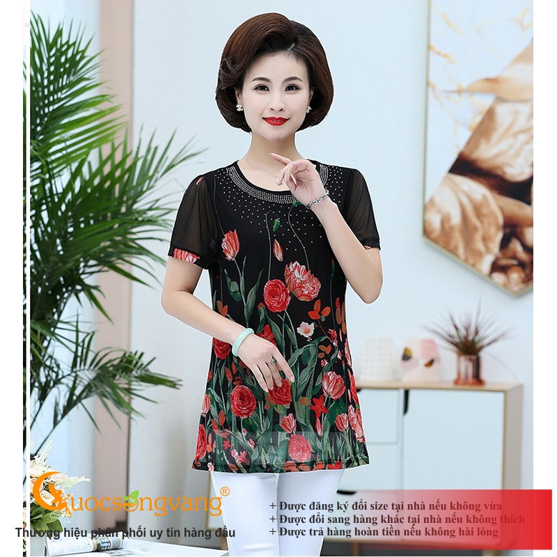 Áo kiểu trung niên big size in hoa áo nữ dáng dài đính cườm Queenbe GLA258 Cuocsongvang