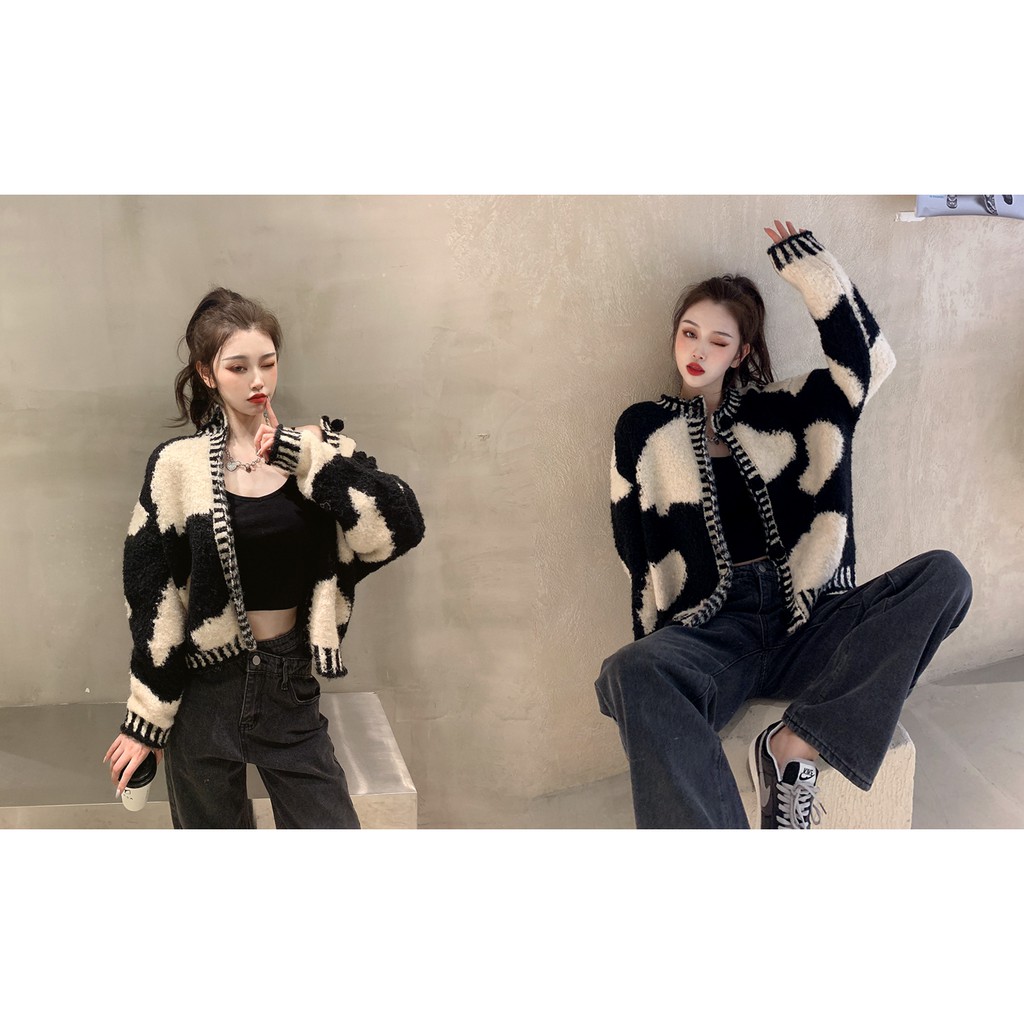 👗👗Áo Khoác Lông Cừu Giả Màu Trắng Đen Phong Cách Hàn Quốc Dễ Phối Đồ