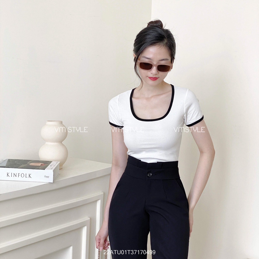 Áo thun tay ngắn cổ U viền màu nhiều màu nữ ulzzang thời trang VM STYLE 22ATU01T371704