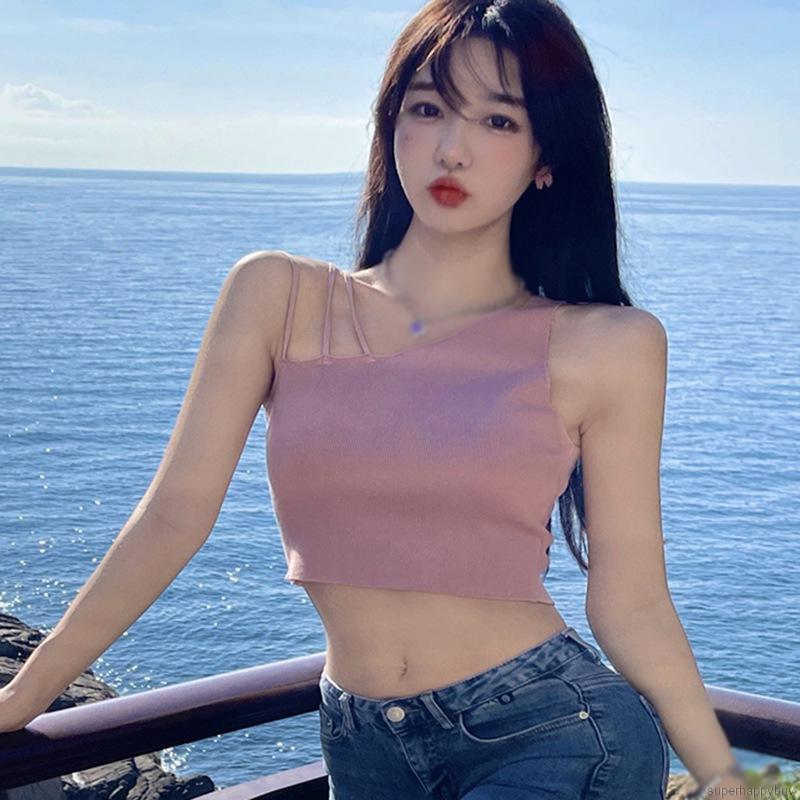 Áo croptop dệt kim lệch vai phong cách Hàn Quốc