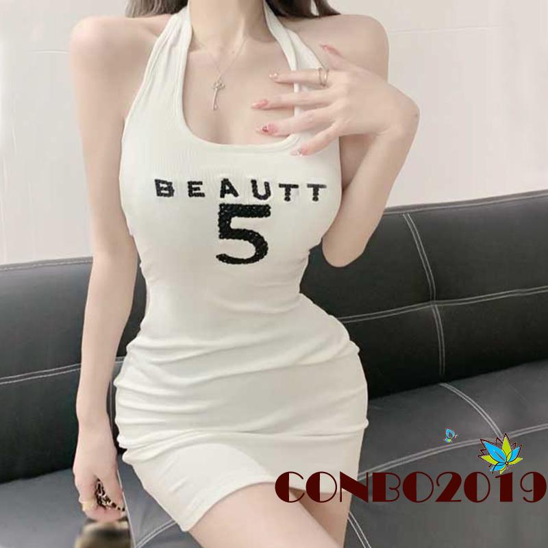 Đầm Ôm Hai Dây Hở Lưng Thêu Chữ Thời Trang Mùa Hè Cho Nữ