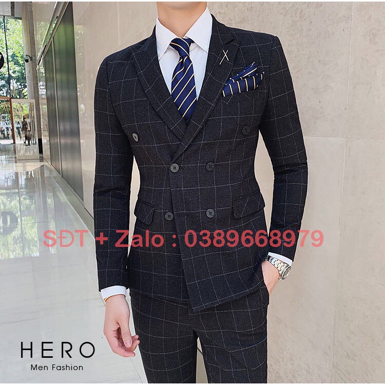 Bộ Vest Nam Cao Cấp 6 Cúc Kẻ caro màu Đen, Bộ Suit Nam Hàn Quốc 6 Cúc Kẻ caro
