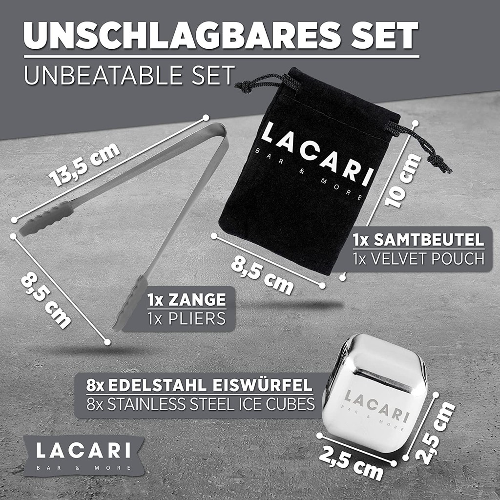 Set 8 viên đá Inox giữ lạnh không tan LACARI màu bạc giữ hương vị đồ uống [nhập Đức chính hãng]