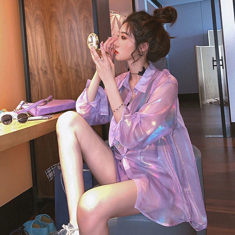 Korean Style Sun Protection Shirt Women's Loose Mid-Length Long-Sleeved Purple Shirt Design Sense Niche Young