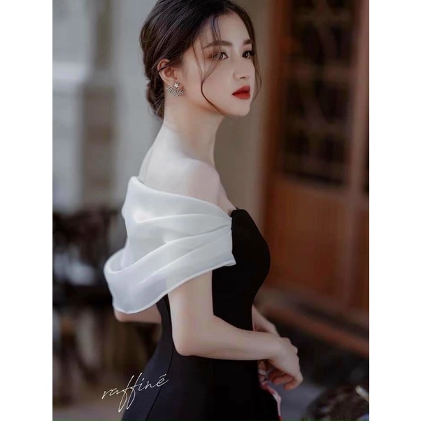 Váy nữ trễ vai sau dáng xoè dự tiệc vintage chất cotton thái phối voan tơ màu đen V273 full size AĐ BOUTIQUE