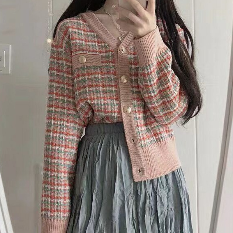 Áo Khoác Dệt Kim Nữ Tay Dài Cổ Chữ v Sọc Caro Thời Trang Hàn Quốc