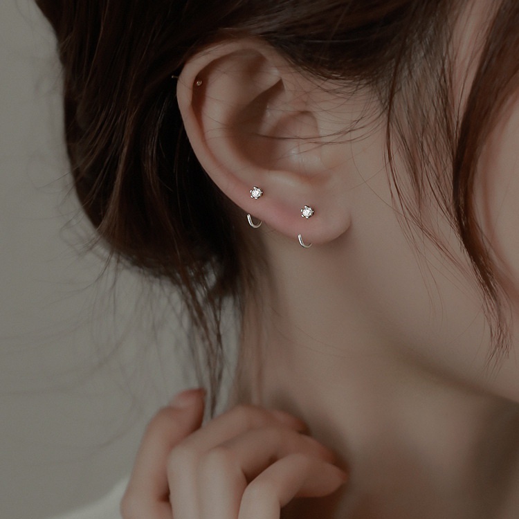 Khuyên tai RINHOO FRIENDSHIP mạ bạc 925 dạng chữ c đính đá zircon thời trang cho nữ