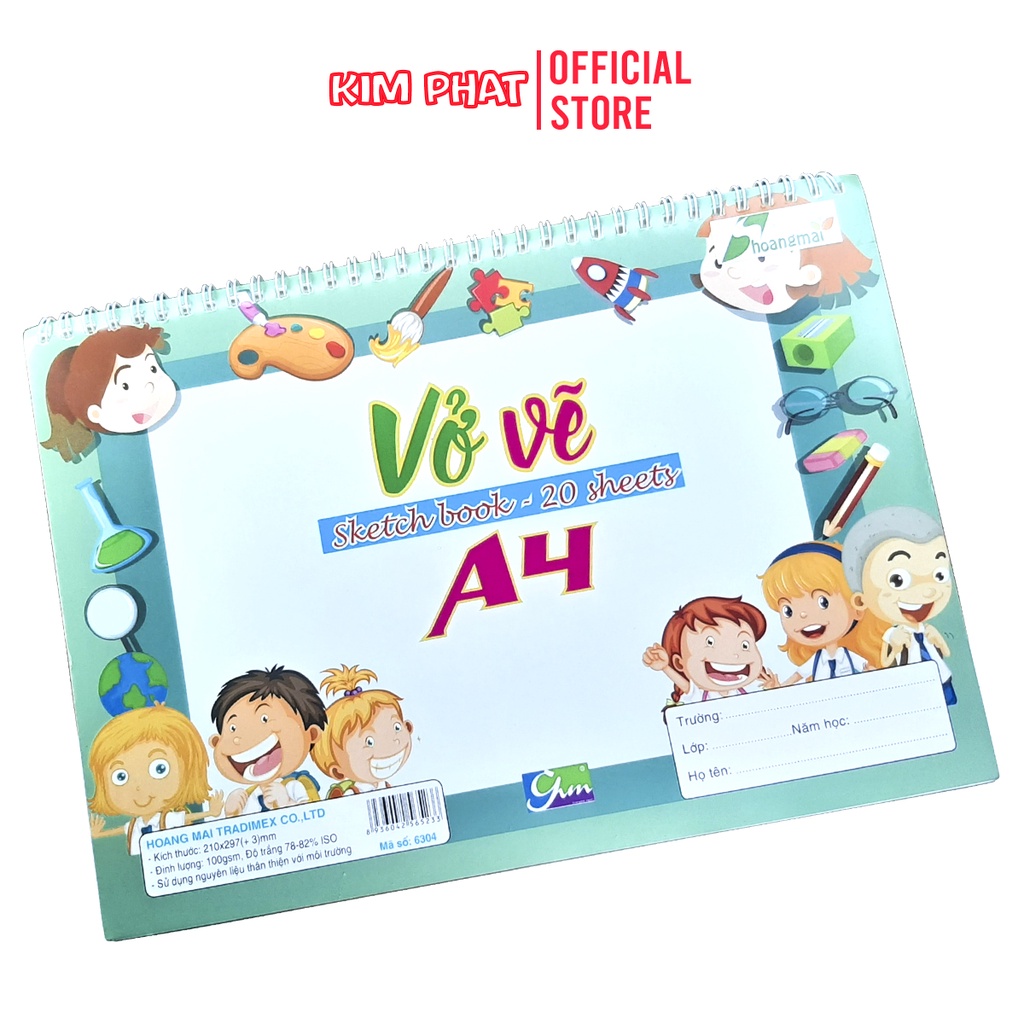 Vở vẽ lò xo A4, Sổ vẽ mỹ thuật HOANGMAI 6304 Định lượng 100gsm