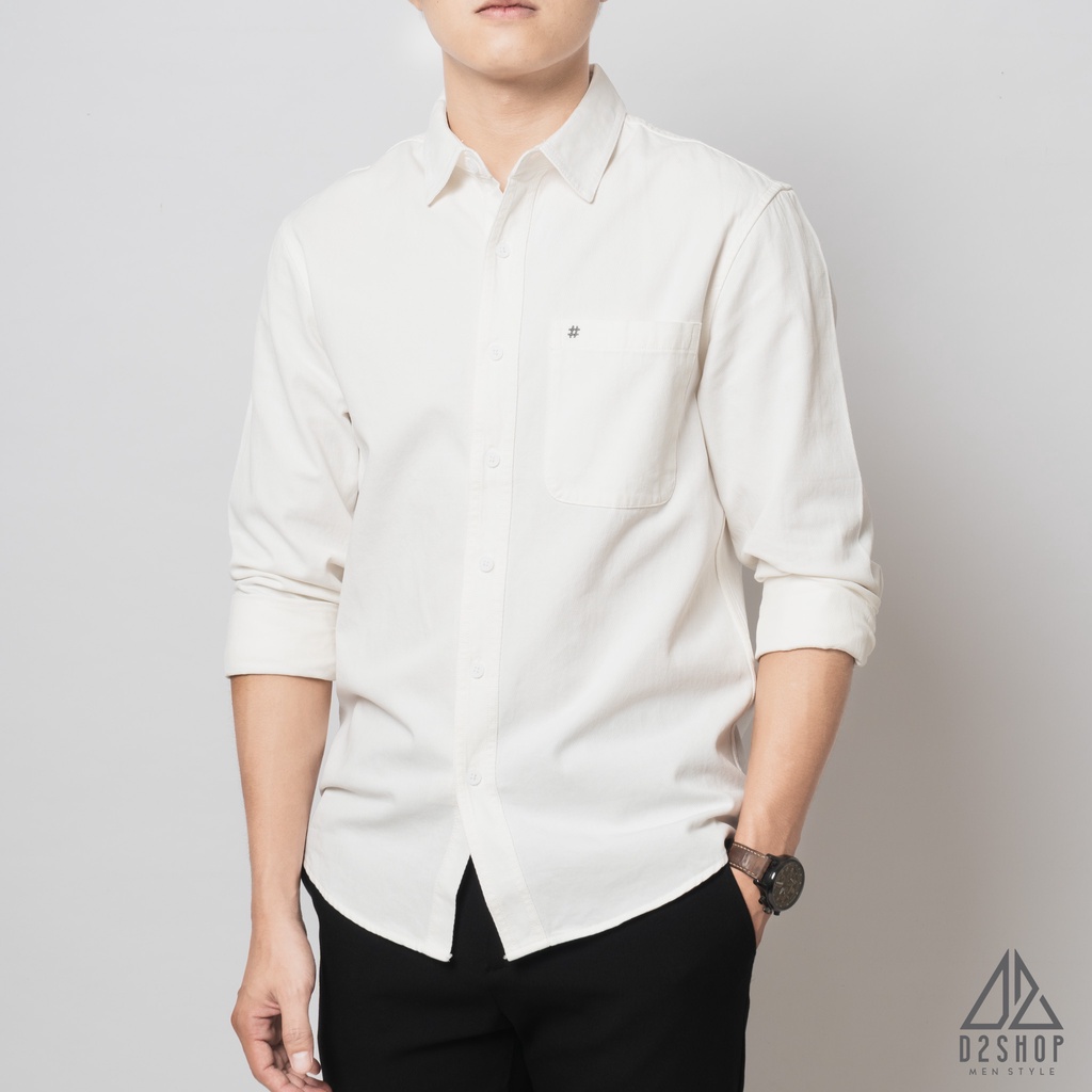 Áo sơ mi nam D2shop, áo sơ mi nam dài tay, vải xéo dày, đắp túi #, màu trắng