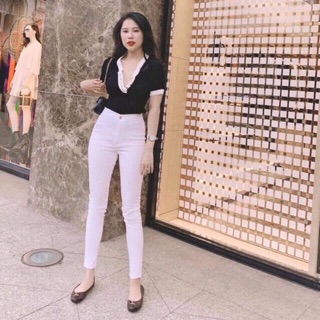 Áo cộc len gân cổ tim cúc đồng