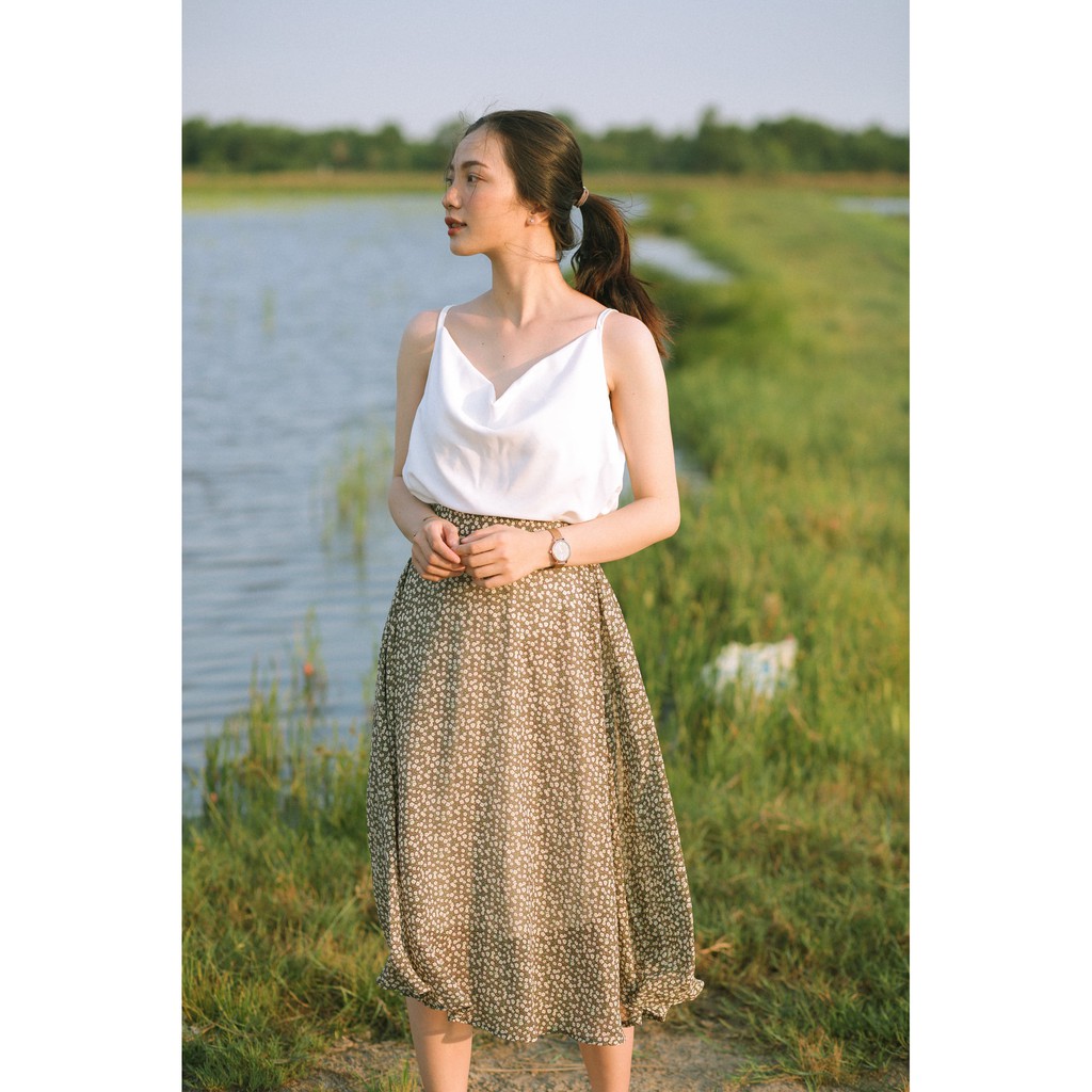 Chân váy midi chữ A dáng dài hoạ tiết hoa nhí vintage V210537 (có 4 màu: xanh rêu, tím nhạt, đỏ gạch, nâu đất) | BigBuy360 - bigbuy360.vn