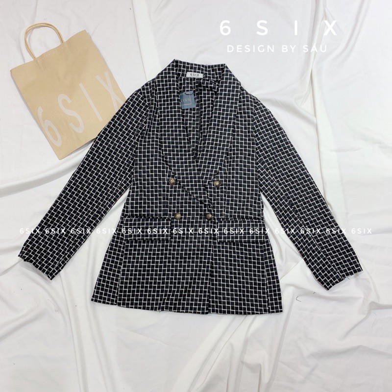 Áo blazer nữ cổ sam kẻ đen thời trang công sở 6SIX closet