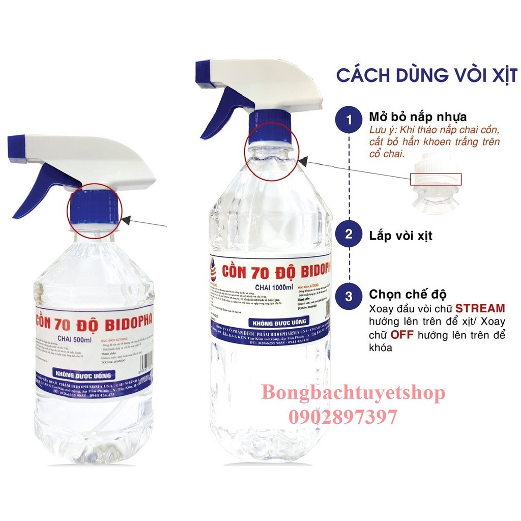 Cồn BIDOPHA có Vòi Xịt70 độ chai 0,5 Lít / 1 Lít - Cồn trắng 70 độ Bidopha chai 500ml / 1000ml có vòi xịt tiện lợi