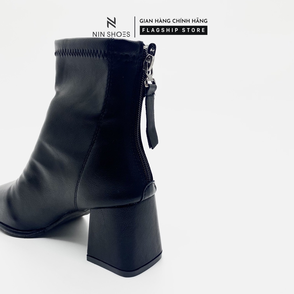 Giày Boot nữ 5p gót vuông khoá hông kéo khoá sau da si Ninshoes | BigBuy360 - bigbuy360.vn