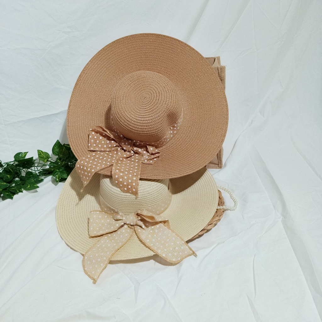 Nón cói/mũ cói nữ đi biển vành rộng phối nơ chấm bi sang chảnh hình chụp thật-vành rộng chấm bi
