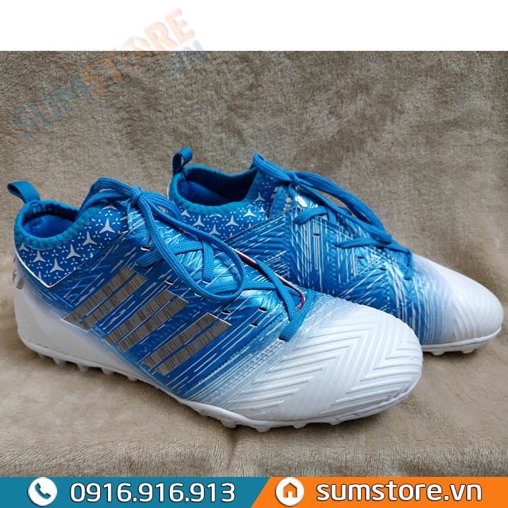 Giày Đá Banh MESSI X21 Xanh Trắng Cổ Thun - Giày TFCao Cấp 2021 2022