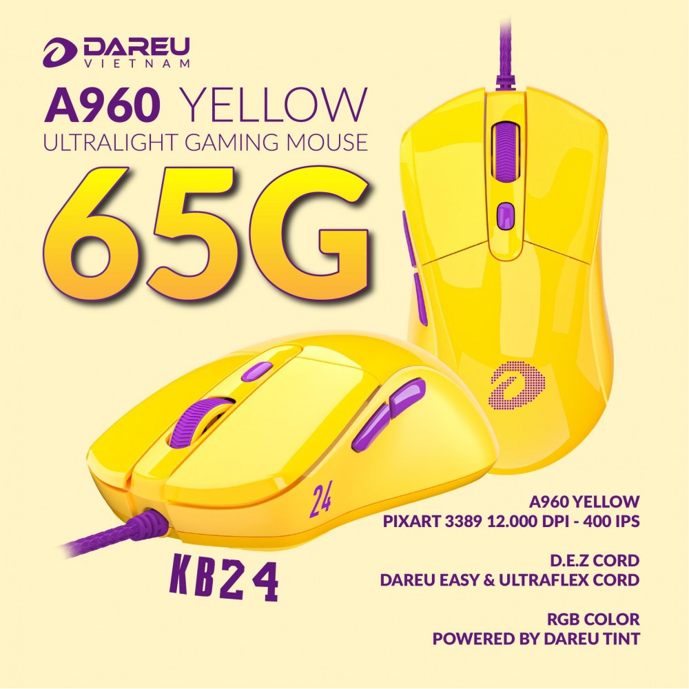 Chuột Gaming DAREU A960 YELLOW - ULTRALIGHT (PixArt PMW3389)