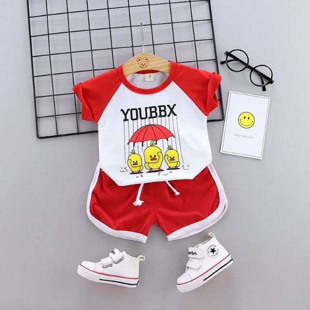 Bộ Quần Áo Trẻ Em Cotton 🌈FREESHIP 🌈 Quần Áo Cho Bé Hình Vịt Đi Mưa  M44