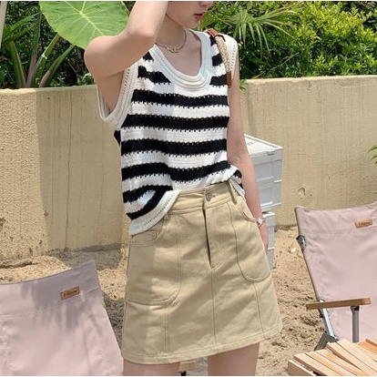 AMOI Áo Dệt Kim Sát Nách Dáng Rộng Họa Tiết Kẻ Sọc Phong Cách Vintage Cho Nữ