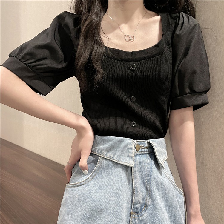 Áo thun ZHELIHANGFEI dệt kim tay phồng cổ vuông thời trang mùa hè dành cho nữ