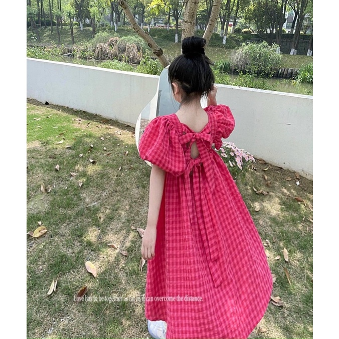 Đầm caro babydoll tay bồng midi VIBED