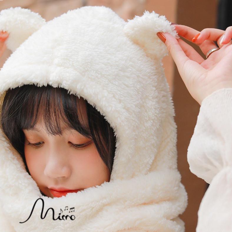 Mũ lông tai gấu kèm khăn quàng cổ bao tay 3 trong 1 ấm áp tạo hình đáng yêu cho mùa đông