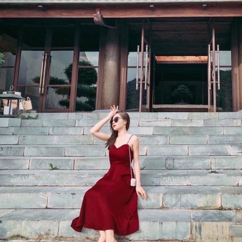 X2 Đầm maxi đỏ dáng dài 2 dây sexy gợi cảm váy đen đi biển đan chéo dây sau lưng trần