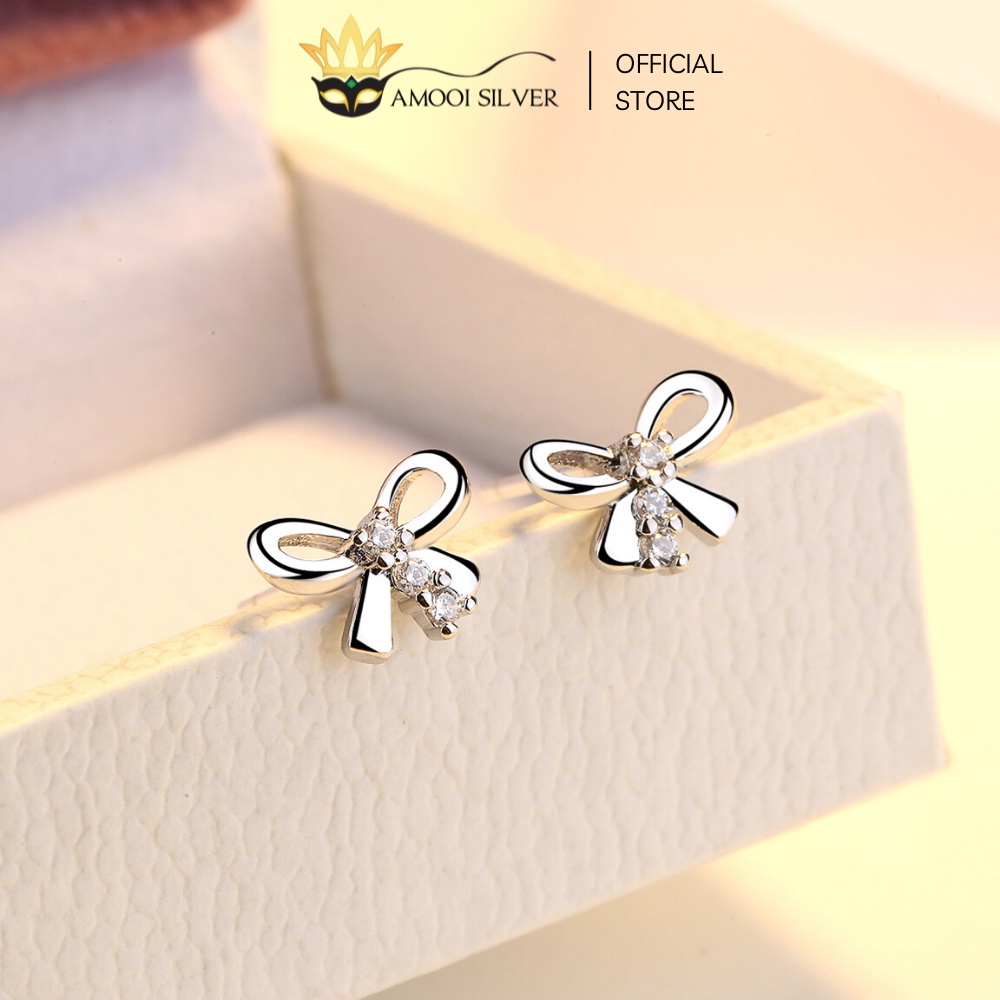Bông Tai Bạc S925 Dạng Chui Hình Nơ Xinh Xắn Kèm Bi Vặn - Amooi Silver AB1