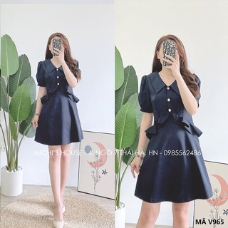 Váy suông kaki cổ somi vạt bèo 2 bên, đầm xuông rộng tay phồng form chữ A mã V965 - Michi's House